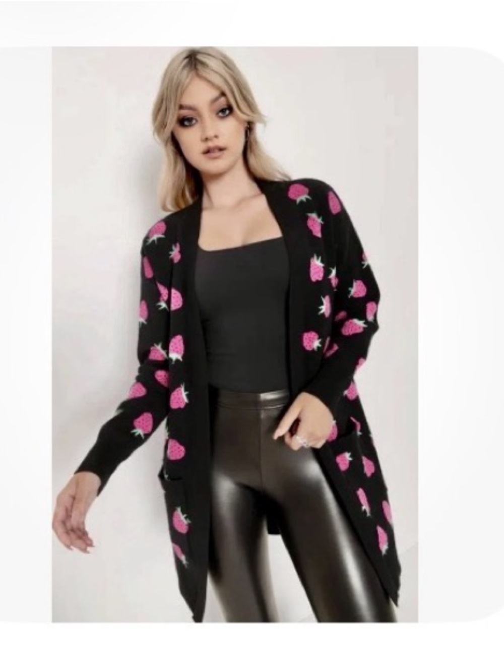 Blackmilk Black Cardigan with Pink Strawberry Motif